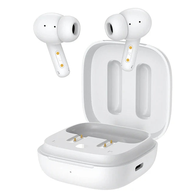 Auriculares Bluetooth QCY T13 ANC brancos com caixa de carregamento aberta e design in-ear Auriculares Bluetooth QCY T13 ANC brancos com caixa de carregamento aberta e design in-ear